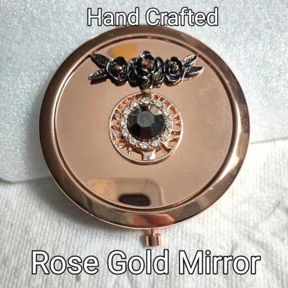 Rose Gold Compact Mirror Case w/ Black & Copper Jewels - Picture 1 of 15